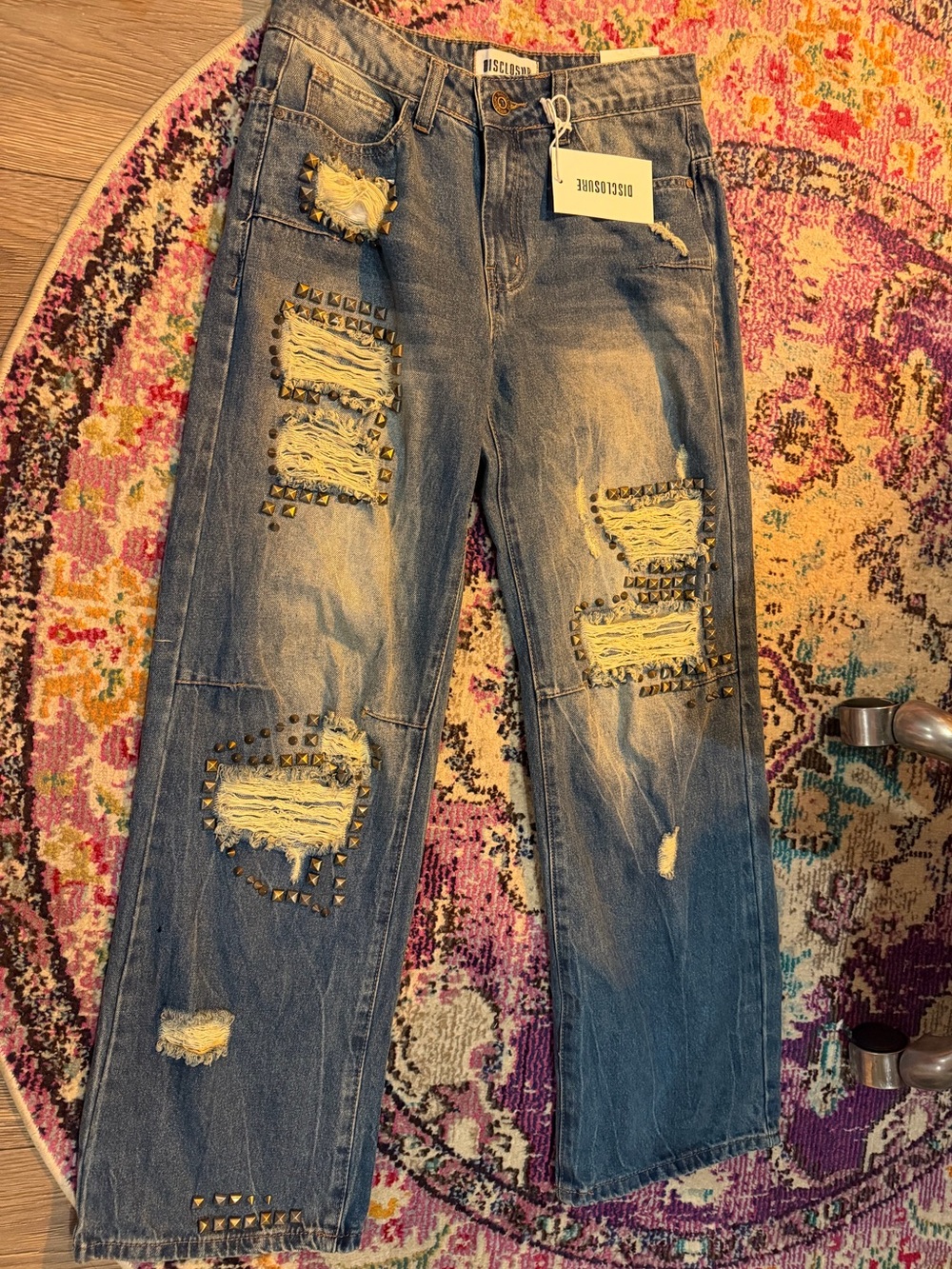 Distressed Studded Mid-rise Wide-leg Blue Jeans